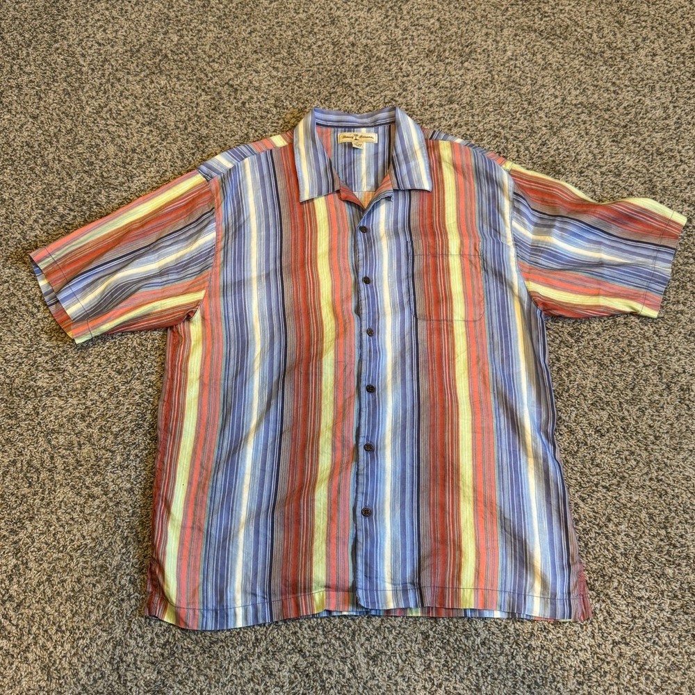 MENS TOMMY BAHAMA SILK/LINEN STRIPED BUTTON UP CAMP SHIRT SIZE XL Palm Trees
